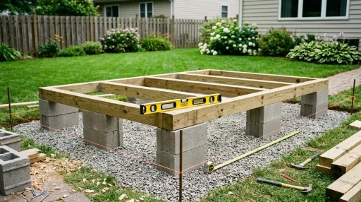 Timber skid and concrete block shed foundation built on a level gravel base for a 12x8 shed (AI Generated Image)