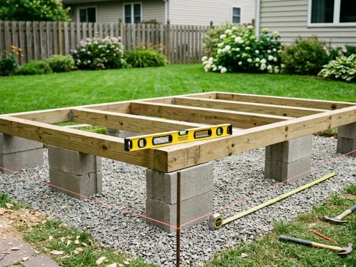 Timber skid and concrete block shed foundation built on a level gravel base for a 12x8 shed (AI Generated Image)
