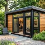 Contemporary backyard shed with sleek modern aluminum alloy frame and flat roof overlooking a garden patio (AI Generated Image)