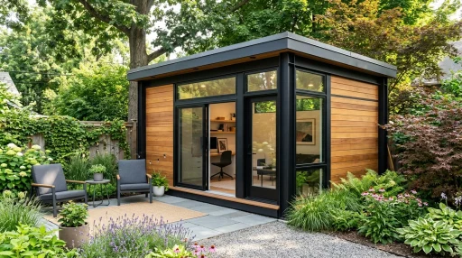 Contemporary backyard shed with sleek modern aluminum alloy frame and flat roof overlooking a garden patio (AI Generated Image)