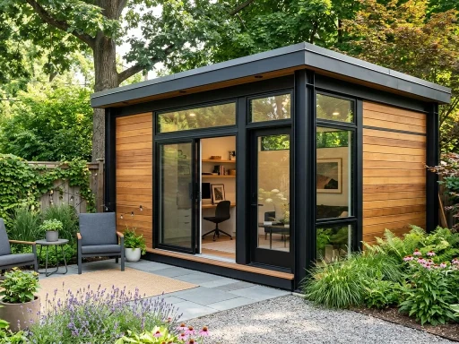 Alloy Framed Flat Roof Shed: Modern Aluminum & Steel Construction Guide 1 Contemporary backyard shed with sleek modern aluminum alloy frame and flat roof overlooking a garden patio (AI Generated Image)