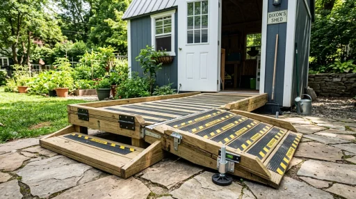 Ingenious folding shed ramp with heavy duty gate hinges non-slip rubber grip strips and adjustable leveling legs (AI Generated Image)