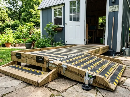 Shed Ramp Hacks: 10 Ingenious DIY Incline & Access Upgrades 2 Ingenious folding shed ramp with heavy duty gate hinges non-slip rubber grip strips and adjustable leveling legs (AI Generated Image)