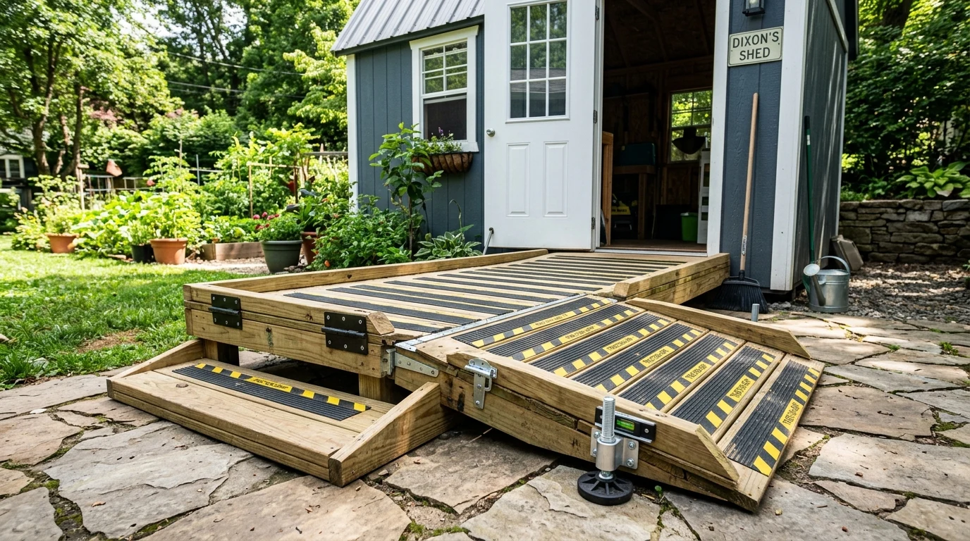 Ingenious folding shed ramp with heavy duty gate hinges non-slip rubber grip strips and adjustable leveling legs (AI Generated Image)
