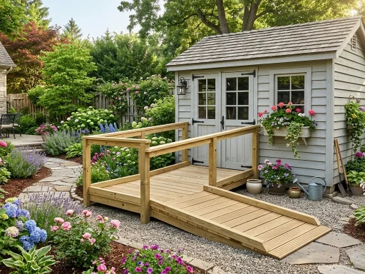 Pressure treated wooden outdoor shed entry ramp with safety side rails and non slip decking (AI Generated Image)