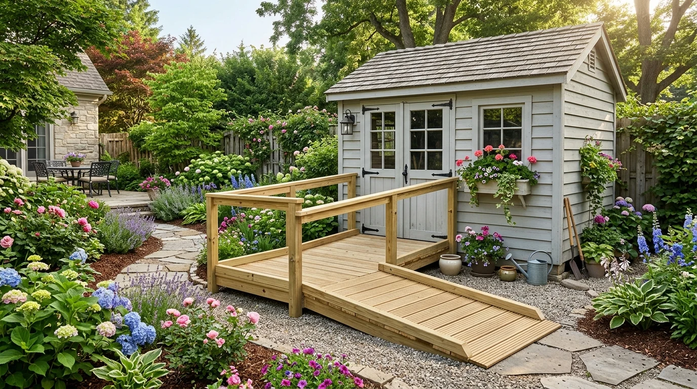Pressure treated wooden outdoor shed entry ramp with safety side rails and non slip decking (AI Generated Image)