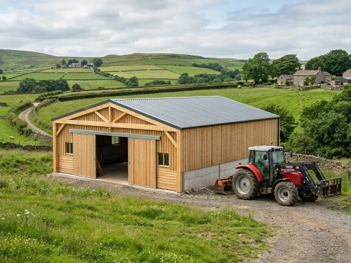 Do You Need to Contact Local Authority to Construct a Shed on a Farm: UK Rules 5 Newly constructed agricultural timber and steel shed on active UK farmland with tractor and countryside landscape (AI Generated Image)
