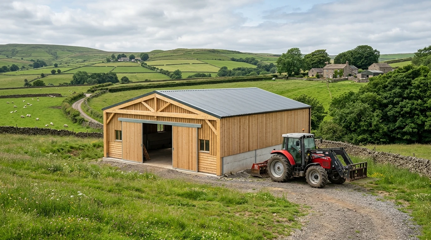Newly constructed agricultural timber and steel shed on active UK farmland with tractor and countryside landscape (AI Generated Image)