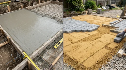Side by side construction comparison of poured concrete slab foundation and interlocking paving slab patio base (AI Generated Image)