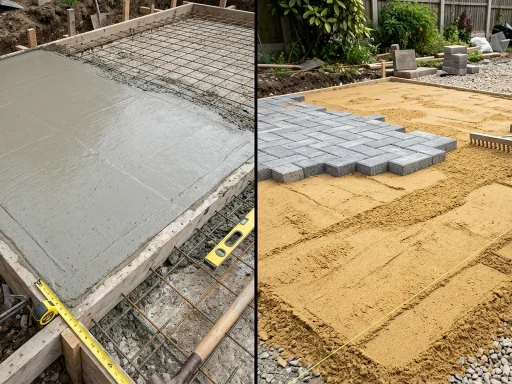 Side by side construction comparison of poured concrete slab foundation and interlocking paving slab patio base (AI Generated Image)