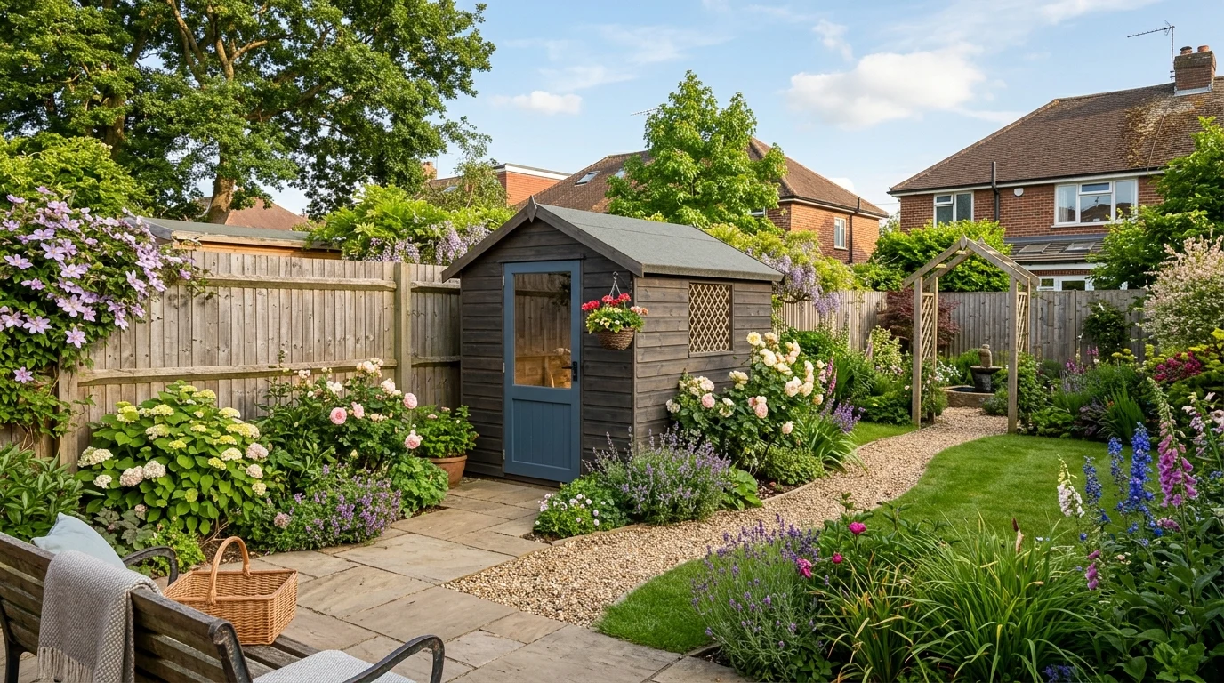 Neighbour's Shed Too Close to Property Line UK: Planning Permission & Boundary Rules Explained 2 Garden boundary fence between neighbouring properties in the UK with a wooden shed nearby (AI Generated Image)