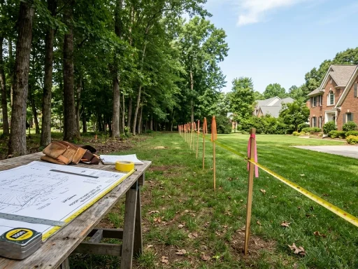 How Far Can You Build from Property Line in Pictou County: Zoning & Setback Rules 3 Surveyor stakes marking property line setback distances in rural residential yard in Pictou County Nova Scotia (AI Generated Image)