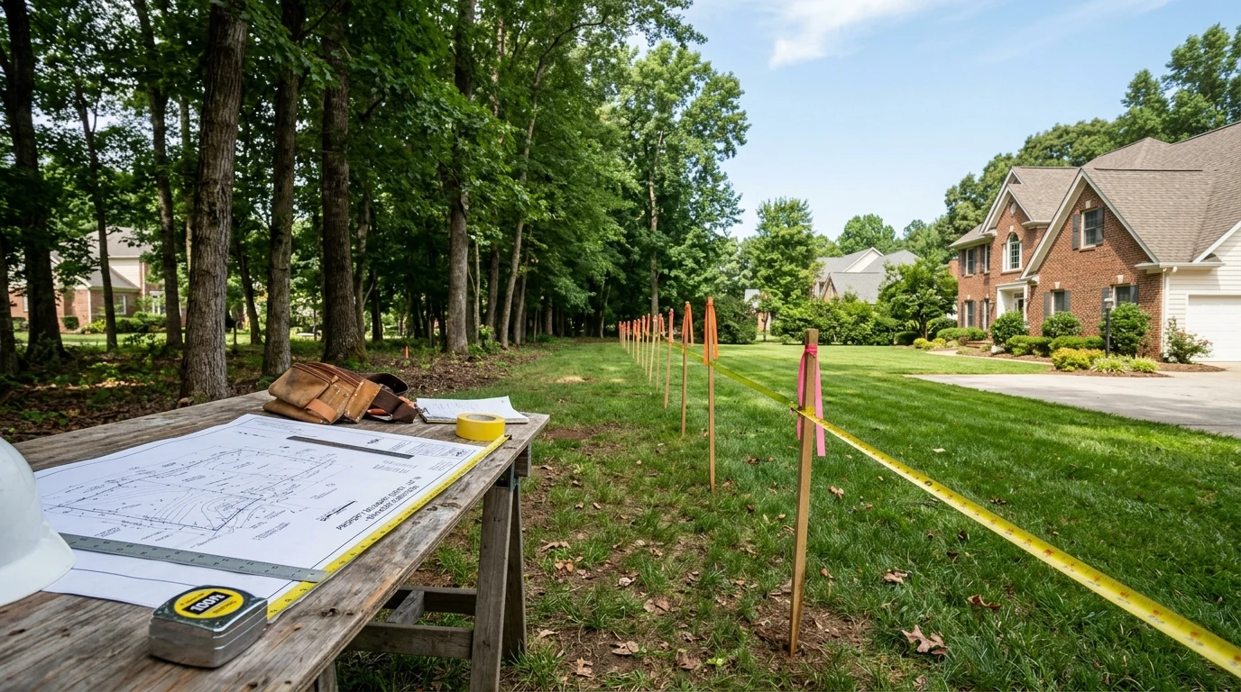 How Far Can You Build from Property Line in Pictou County: Zoning & Setback Rules 2 Surveyor stakes marking property line setback distances in rural residential yard in Pictou County Nova Scotia (AI Generated Image)
