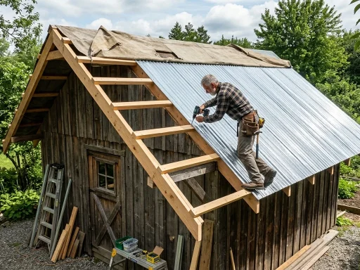 Converting a Tarp Shed into a Permanent Shed with Steel Roofing 2 Carpenter installing corrugated steel roofing panels and wooden purlins over an upgraded outbuilding frame (AI Generated Image)