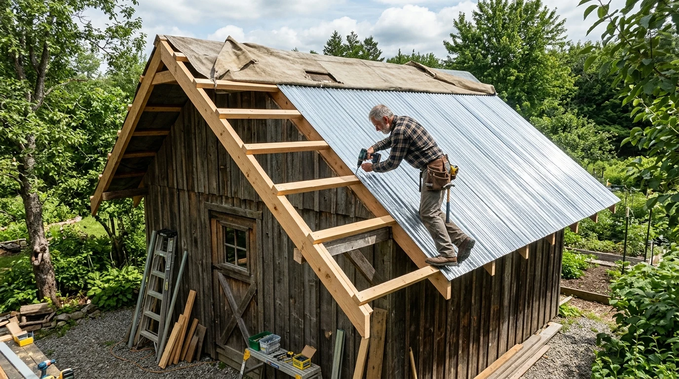 Carpenter installing corrugated steel roofing panels and wooden purlins over an upgraded outbuilding frame (AI Generated Image)