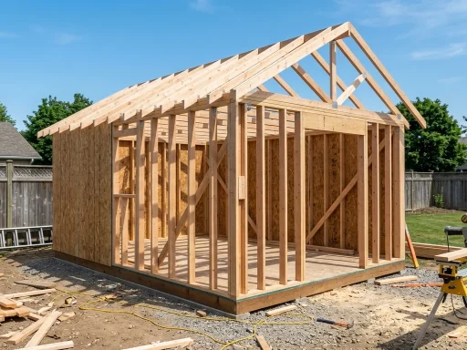 Completed wooden shed wall and roof framing skeleton with 2x4 studs double top plates and corner California framing (AI Generated Image)