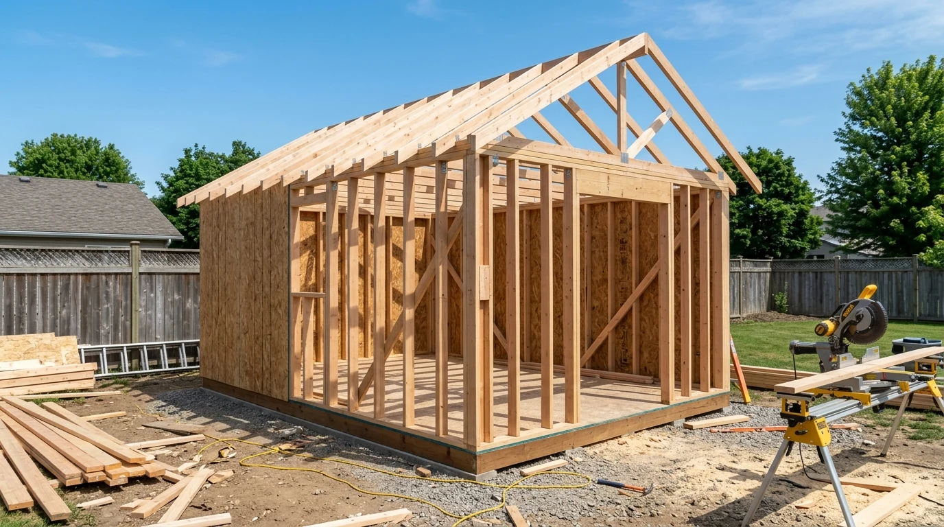 Completed wooden shed wall and roof framing skeleton with 2x4 studs double top plates and corner California framing (AI Generated Image)