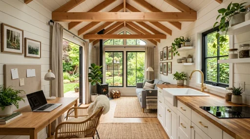 Modern livable shed tiny house interior with wooden beams kitchenette and desk workspace (AI Generated Image)