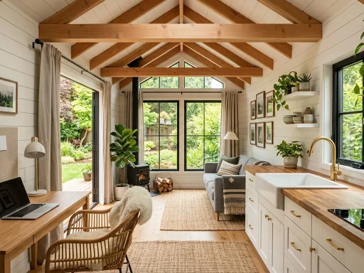 Livable Shed Plans: Complete Guide to Building & Converting Habitable Sheds 6 Modern livable shed tiny house interior with wooden beams kitchenette and desk workspace (AI Generated Image)