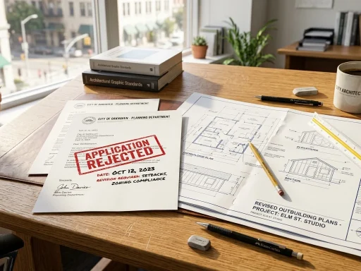 Building Permission for Shed Denied: How to Appeal, Modify & Overturn Rejections 4 Rejected planning permission application letter on architect desk with revised shed blueprints (AI Generated Image)