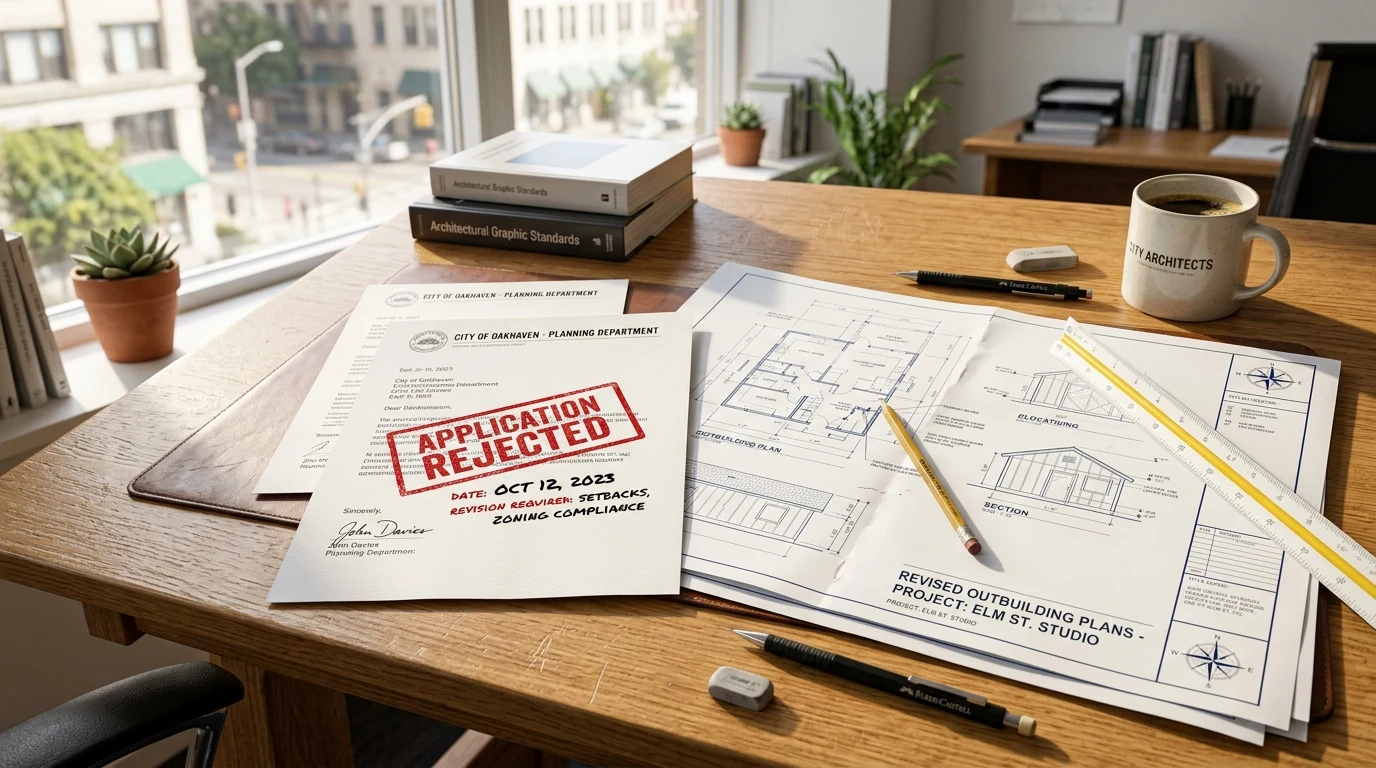 Building Permission for Shed Denied: How to Appeal, Modify & Overturn Rejections 2 Rejected planning permission application letter on architect desk with revised shed blueprints (AI Generated Image)