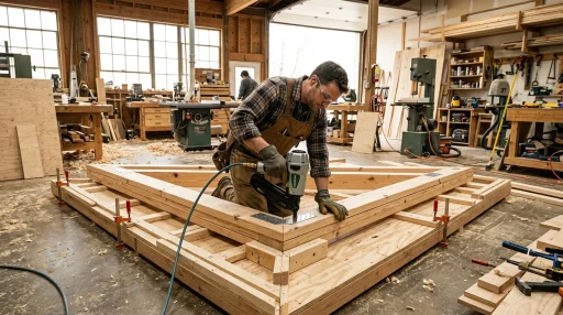 Carpenter building a 10-foot wooden shed roof truss with a pneumatic framing nailer on a precision floor jig (AI Generated Image)