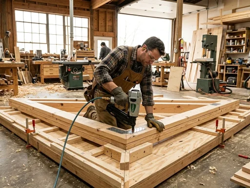 Carpenter building a 10-foot wooden shed roof truss with a pneumatic framing nailer on a precision floor jig (AI Generated Image)