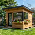 Architectural rendering of a modern 10x10 foot backyard storage shed with dimension measurement lines (AI Generated Image)