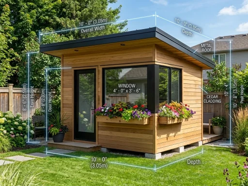 Architectural rendering of a modern 10x10 foot backyard storage shed with dimension measurement lines (AI Generated Image)