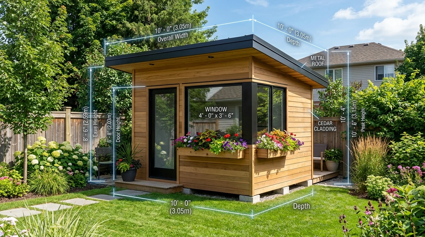 Architectural rendering of a modern 10x10 foot backyard storage shed with dimension measurement lines (AI Generated Image)