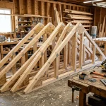 Row of assembled 10 foot wooden gable shed roof trusses with gusset plates in a carpentry workshop (AI Generated Image)