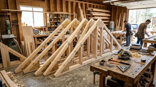 Row of assembled 10 foot wooden gable shed roof trusses with gusset plates in a carpentry workshop (AI Generated Image)