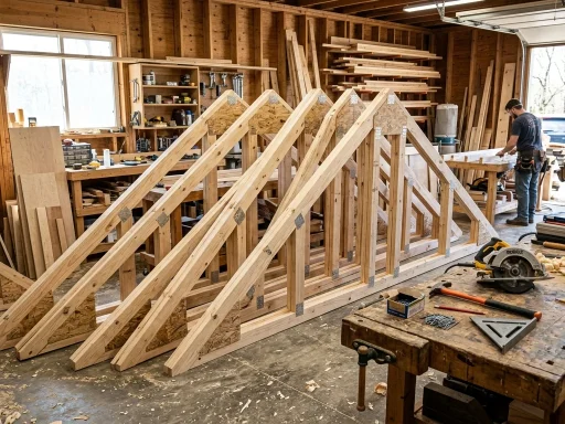 Row of assembled 10 foot wooden gable shed roof trusses with gusset plates in a carpentry workshop (AI Generated Image)