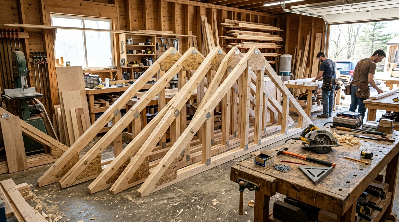 Row of assembled 10 foot wooden gable shed roof trusses with gusset plates in a carpentry workshop (AI Generated Image)