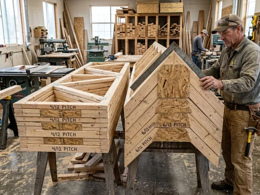 Woodworker comparing stack of homemade 4/12 and 6/12 pitch 10-foot timber roof trusses with plywood gussets (AI Generated Image)
