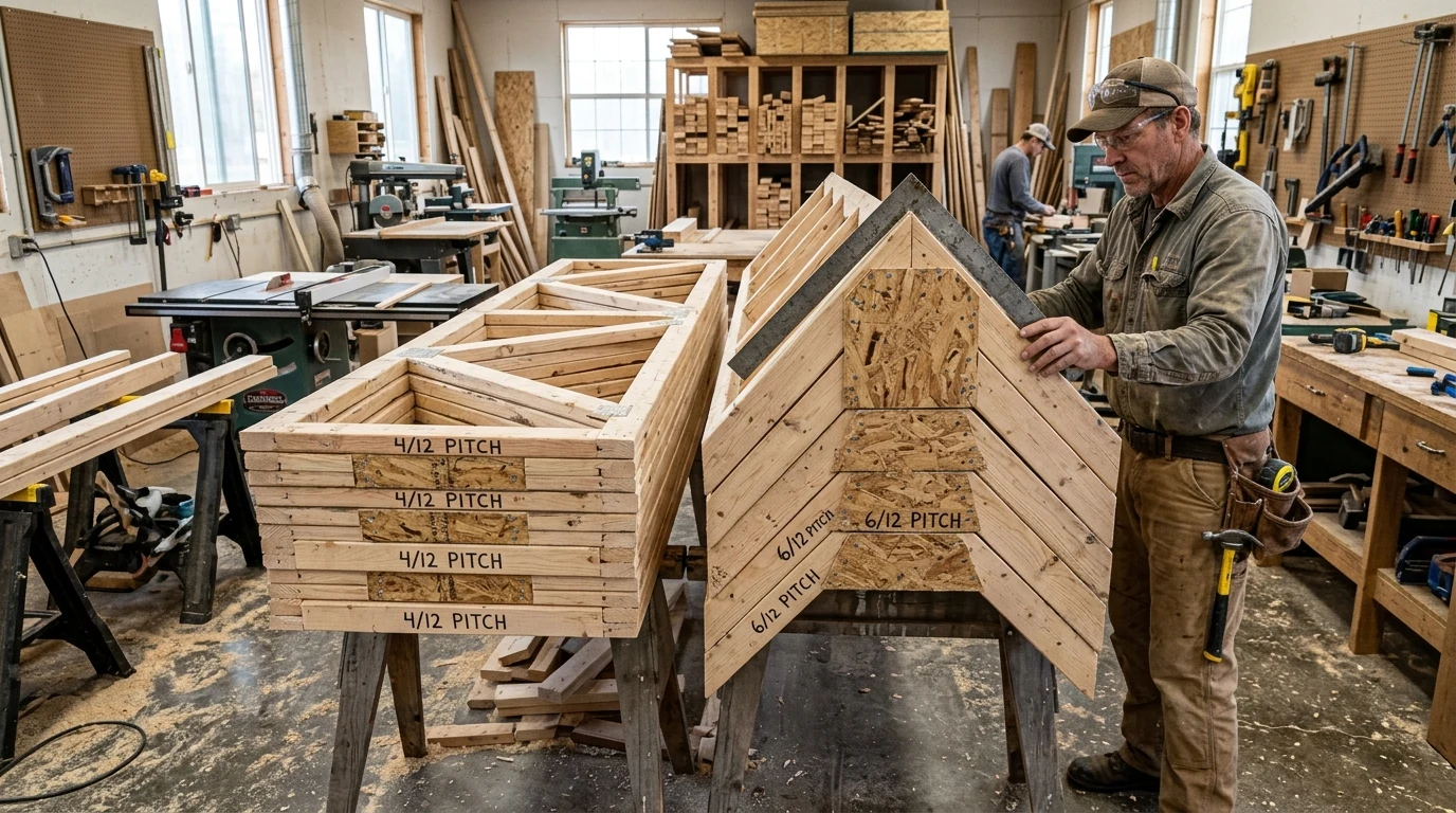 Woodworker comparing stack of homemade 4/12 and 6/12 pitch 10-foot timber roof trusses with plywood gussets (AI Generated Image)