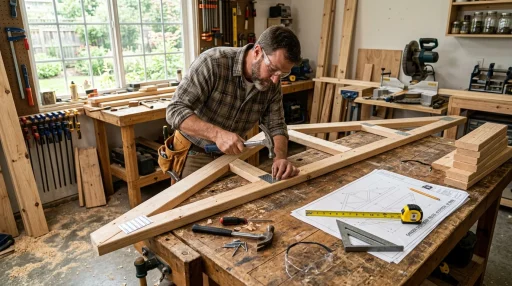 How to Build 6/12 Shed Trusses: Complete DIY Framing Guide & Cut Angles 1 Carpenter building a wooden 6/12 roof truss for a garden shed on a workbench (AI Generated Image)