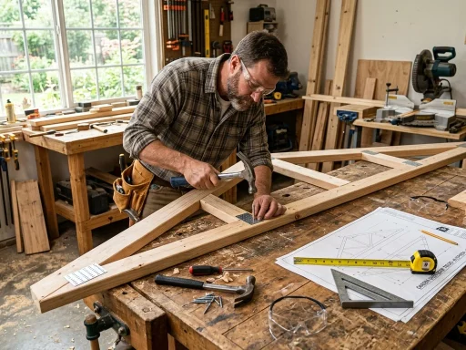 Carpenter building a wooden 6/12 roof truss for a garden shed on a workbench (AI Generated Image)