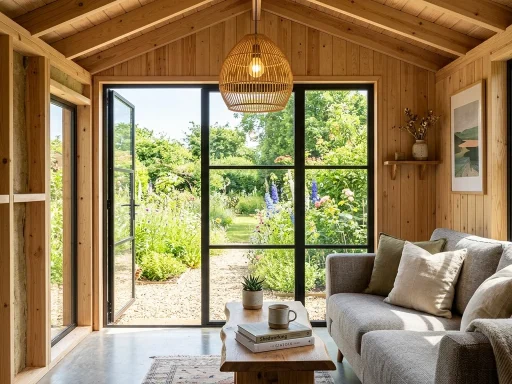 Backyard shed converted into modern living space with insulated shiplap walls and stylish furniture (AI Generated Image)