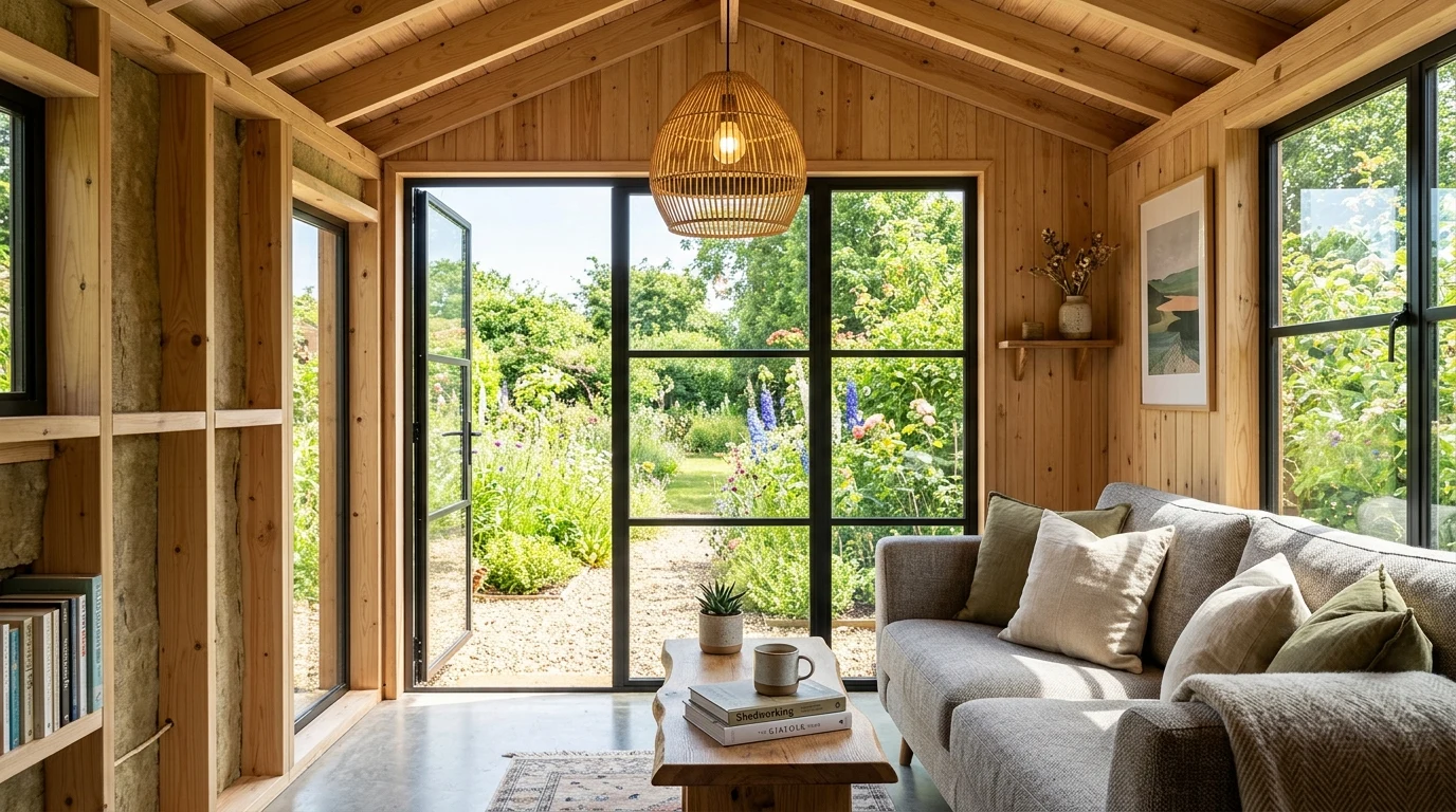 Shed Conversions to Living Space: Step-by-Step DIY Habitable Remodel Guide 2 Backyard shed converted into modern living space with insulated shiplap walls and stylish furniture (AI Generated Image)