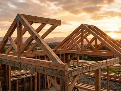 Architectural rendering of timber King Post and Fink shed roof trusses installed across double top plates of wooden outbuilding (AI Generated Image)