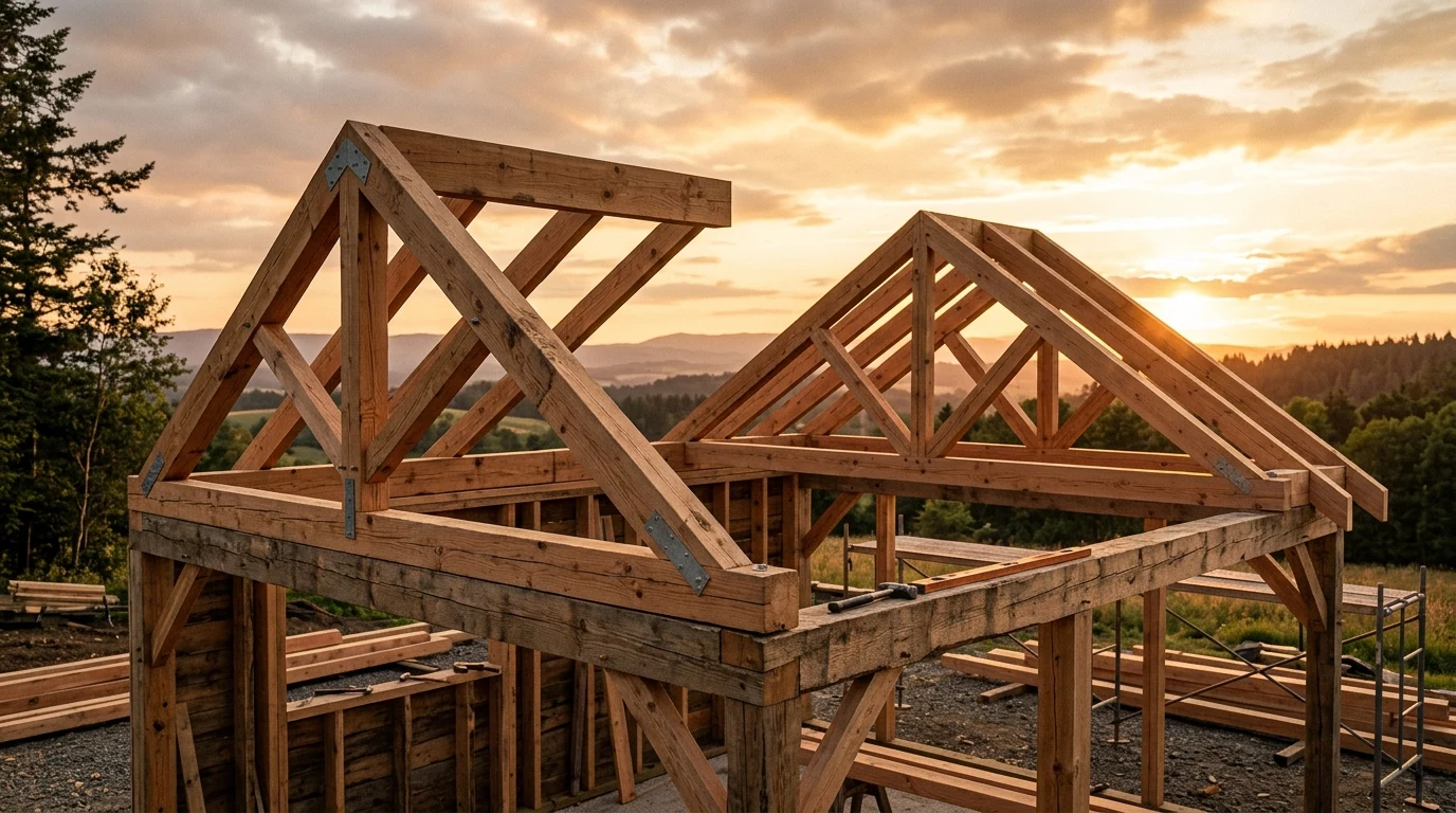 Architectural rendering of timber King Post and Fink shed roof trusses installed across double top plates of wooden outbuilding (AI Generated Image)
