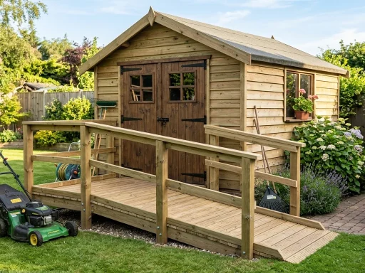 Heavy duty wooden storage shed ramp built with pressure treated lumber leading to double shed doors (AI Generated Image)