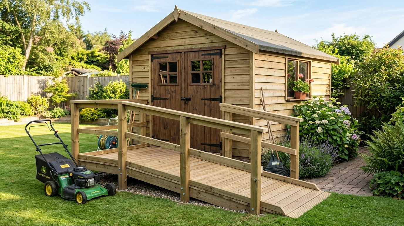 Free Storage Shed Ramp Plans: Heavy-Duty DIY Construction Guide 2 Heavy duty wooden storage shed ramp built with pressure treated lumber leading to double shed doors (AI Generated Image)