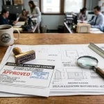 Approved municipal accessory structure license permit application documents and architectural site plans for backyard shed (AI Generated Image)