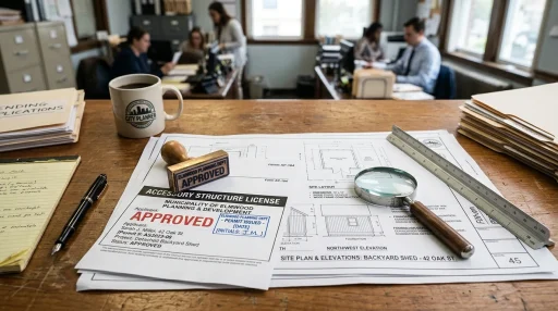 Approved municipal accessory structure license permit application documents and architectural site plans for backyard shed (AI Generated Image)