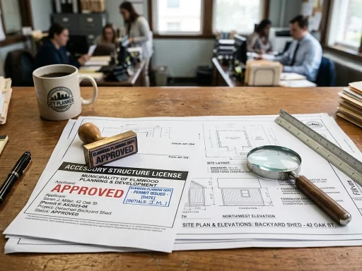 Approved municipal accessory structure license permit application documents and architectural site plans for backyard shed (AI Generated Image)
